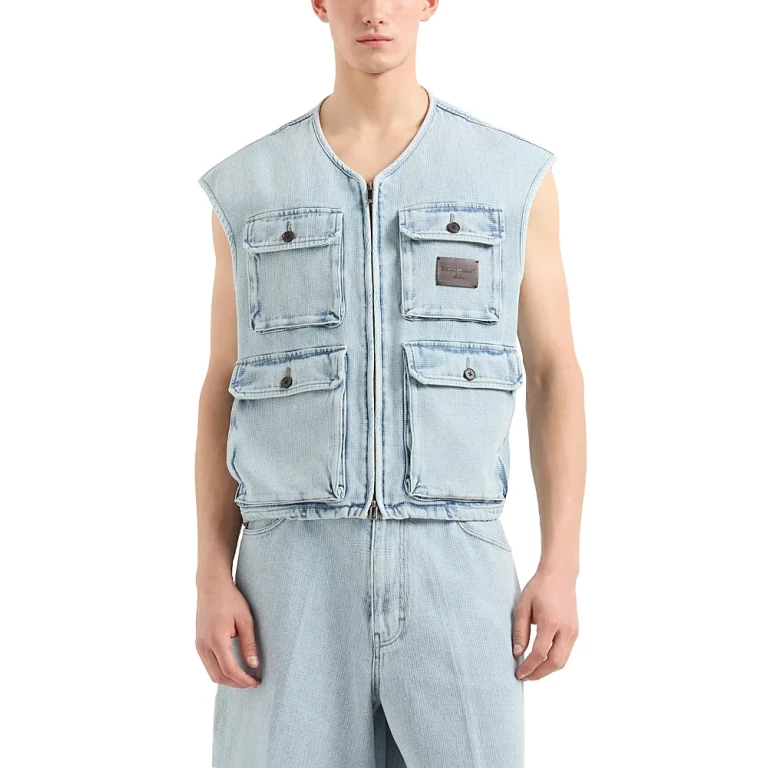 Emporio Armani Regular Fit Jacquard Denim Cargo Vest