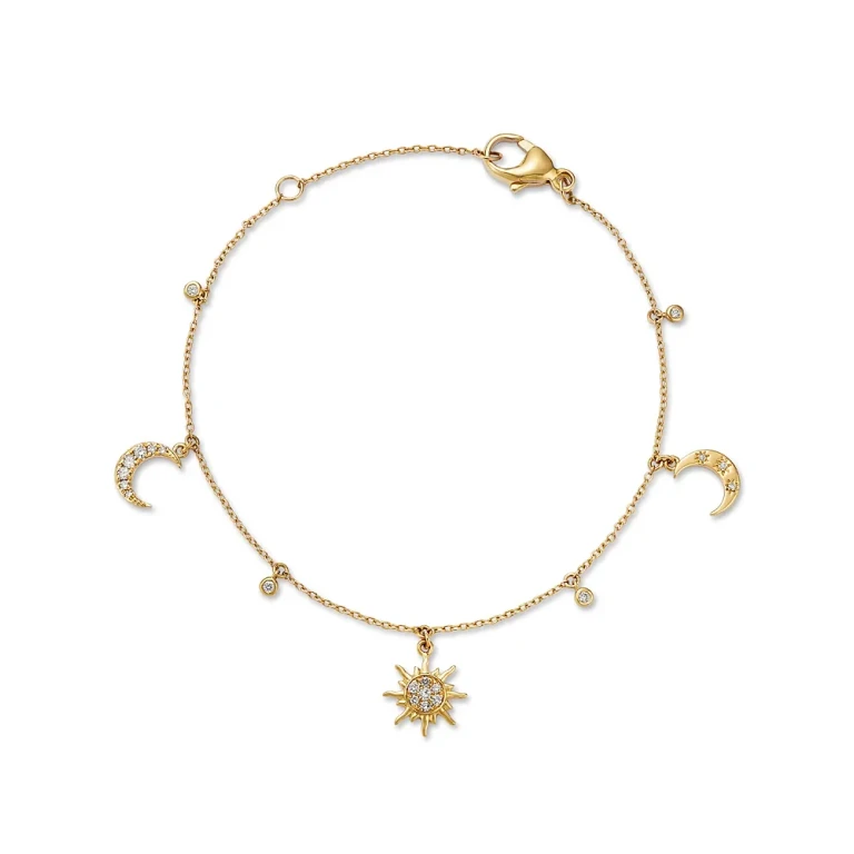 Diamond Moon & Stars Bracelet in 14K Yellow Gold, 0.15 tcw