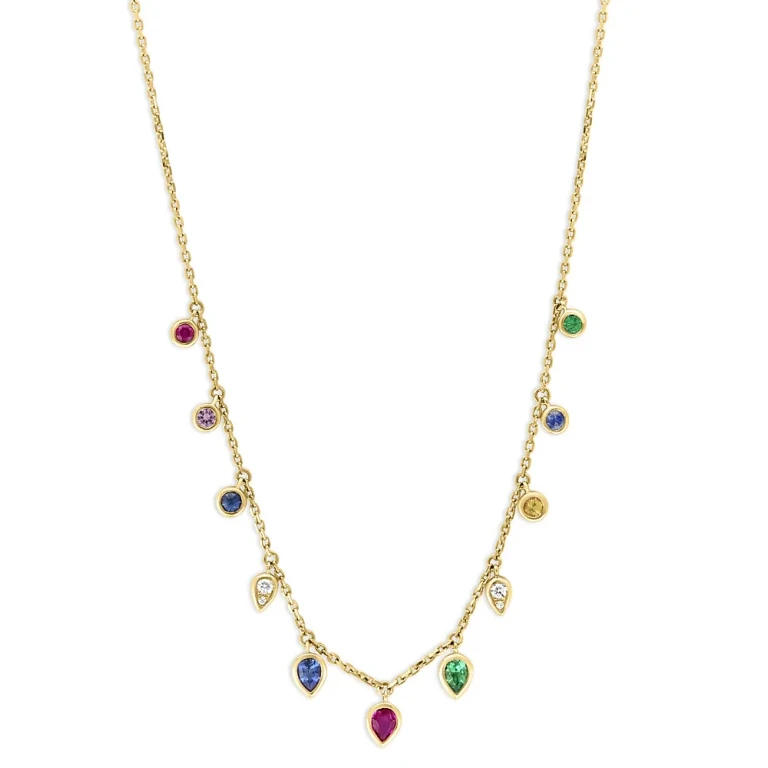 Rainbow Sapphire & Diamond Bezel Necklace in 14K Yellow Gold, 18