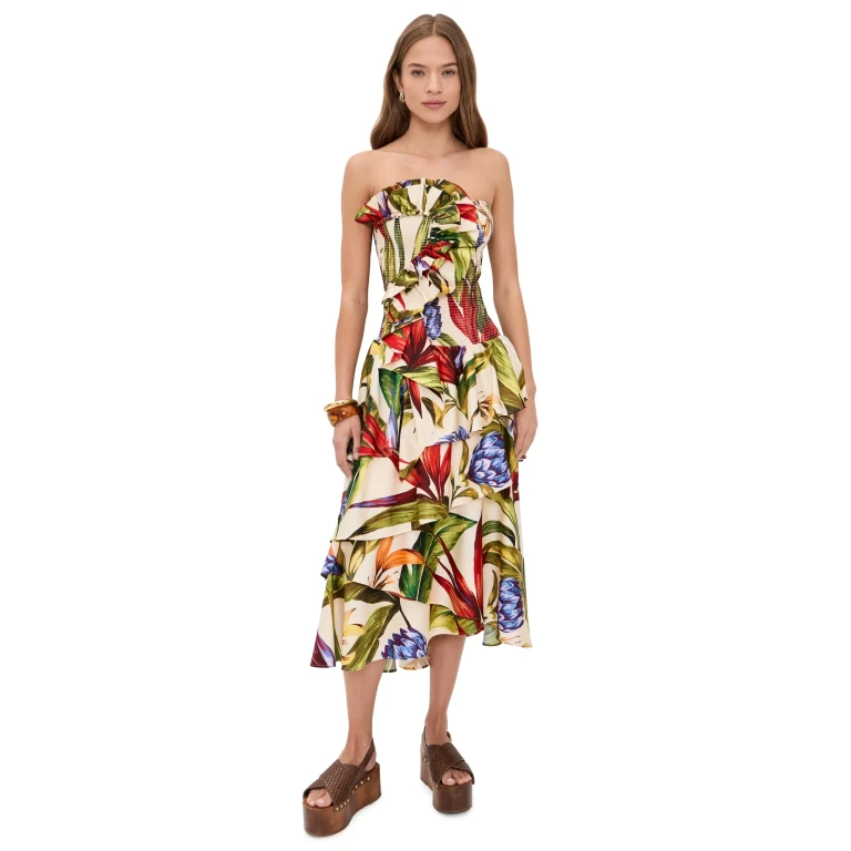 FARM Rio Floral Strapless Midi Dress Florart Sand M