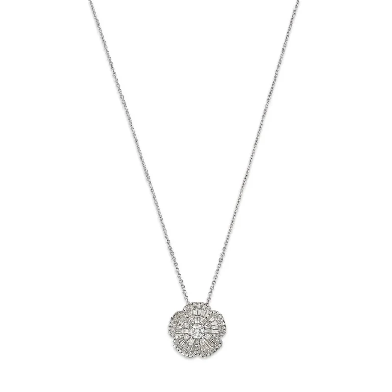 Diamond Round & Baguette Flower Pendant Necklace in 14K White Gold, 0.50 tcw