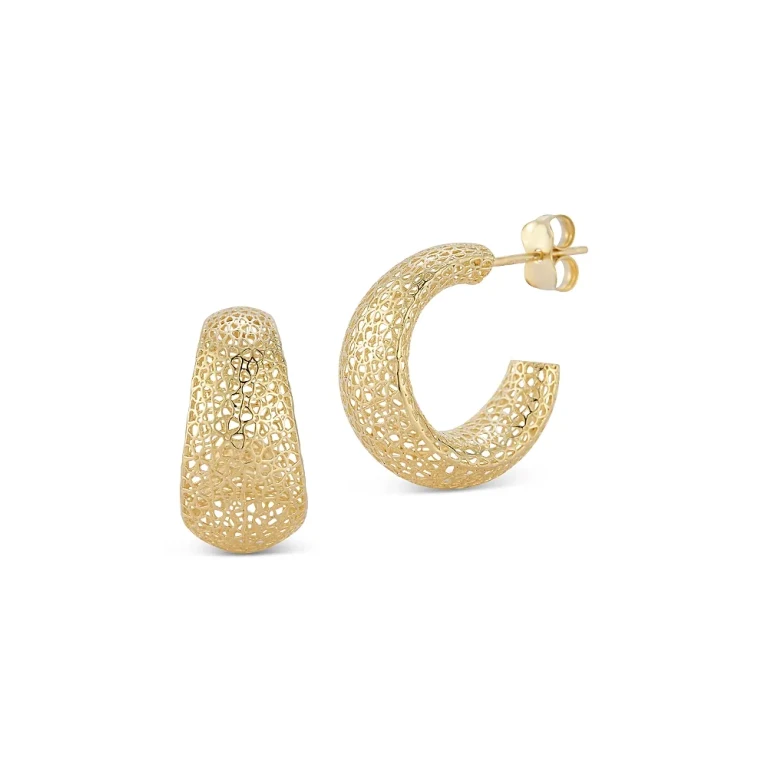 Bold Openwork Flower Crescent Small Hoop Earrings in 14K Yellow Gold