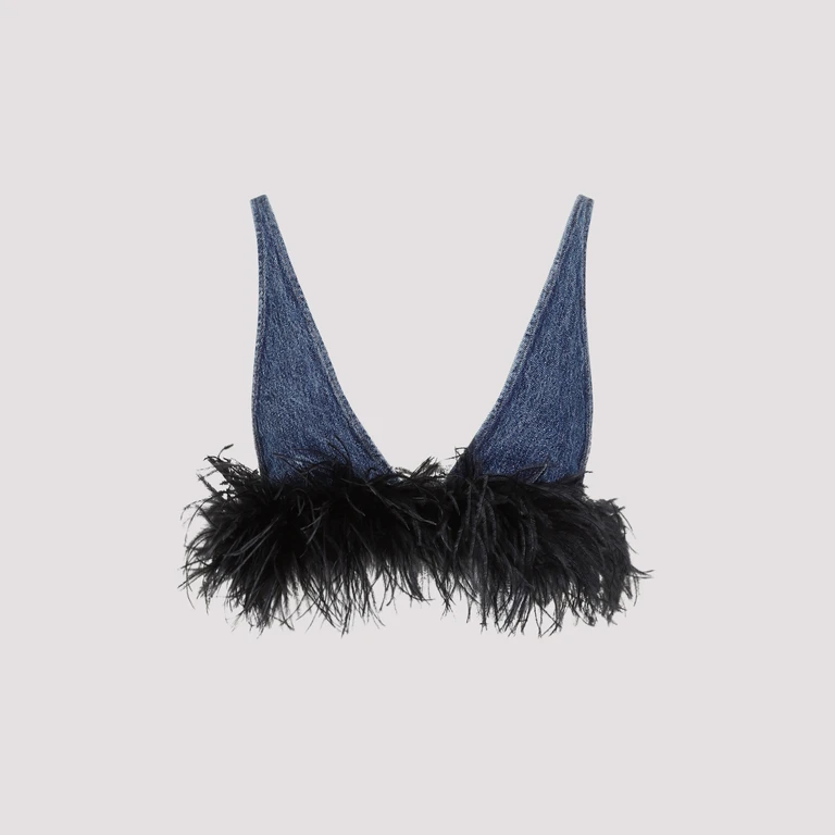 Miu Miu Cotton Top With Feathers Blue Feather - Women