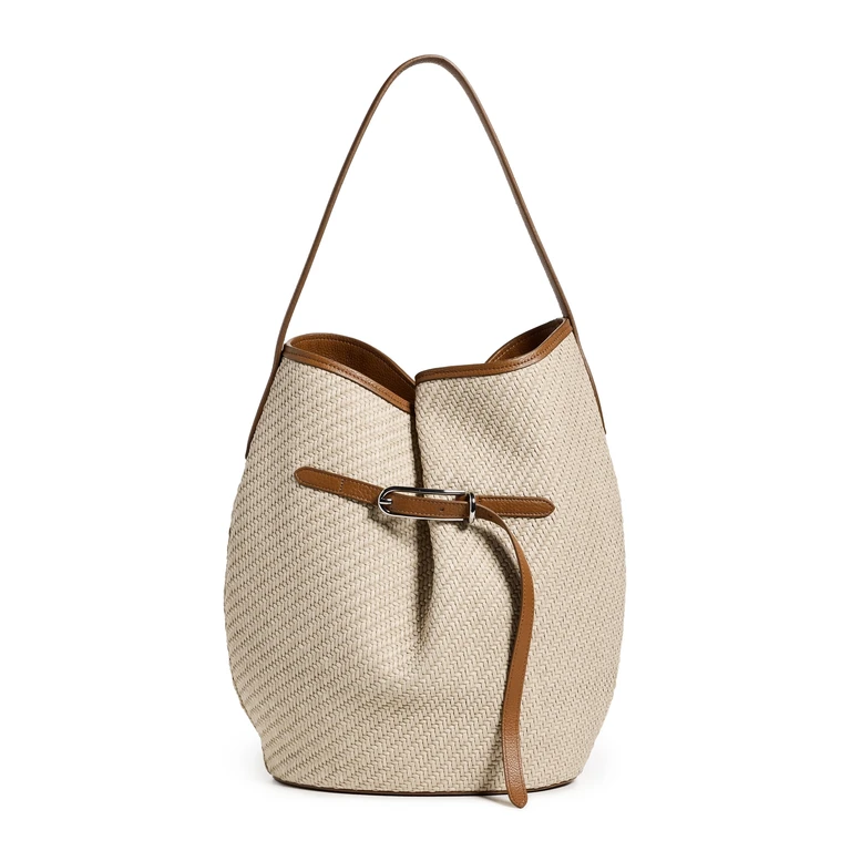 Liffner Belted Large Raffia Bucket Bag Beige Silver Hardware One Size