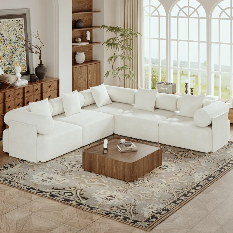 110" 5-Piece Modular White Velvet L-Shape Sectional Sofa & Round Concrete Coffee Table