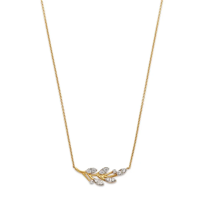Diamond Curved Leaf Pendant Necklace in 14K Yellow Gold & Rhodium Plated 14K Yellow Gold, 0.45 tcw