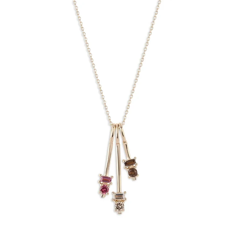 14K Yellow Gold Multi Gemstone Brown Diamond Triple Charm Pendant Necklace, 16-20