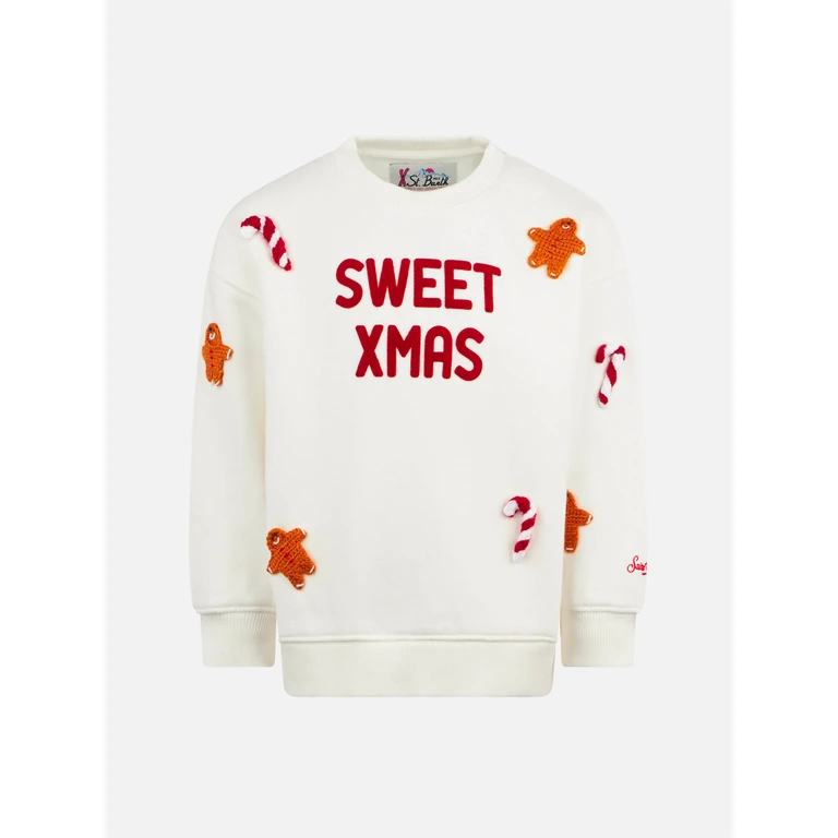Mc2 Saint Barth Girl Crewneck White Sweatshirt With Ginger Cane Patches