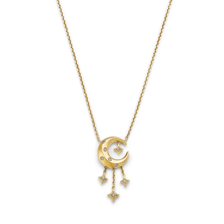 Champagne Diamond Celestial Pendant Necklace in 14K Yellow Gold, 0.10 tcw
