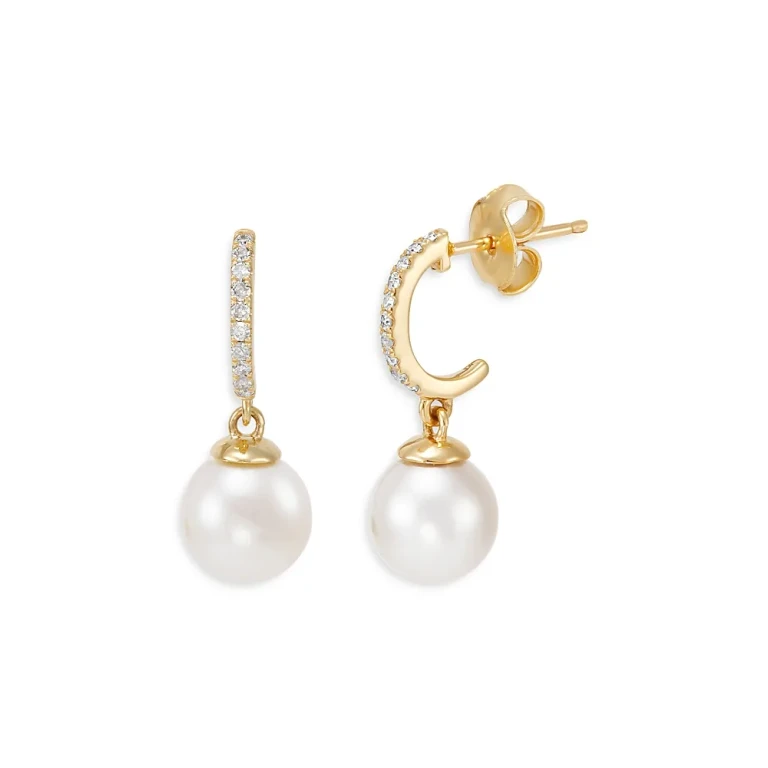 Cultured Freshwater Pearl & Diamond J Hoop Earrings in 14K Yellow Gold