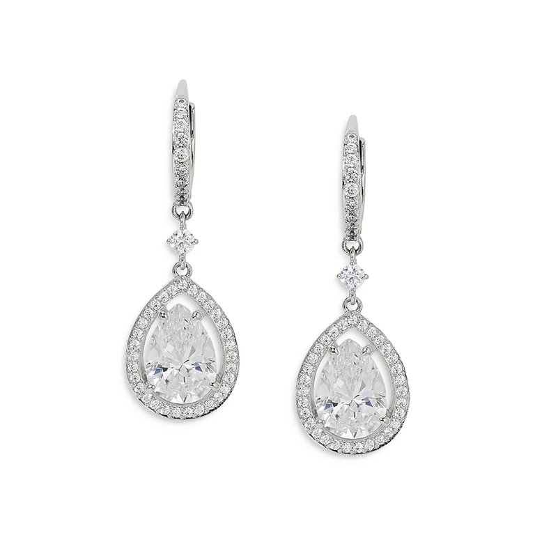 Nadri Radiant Pear Shape Cubic Zirconia Halo Drop Earrings in Rhodium Plated
