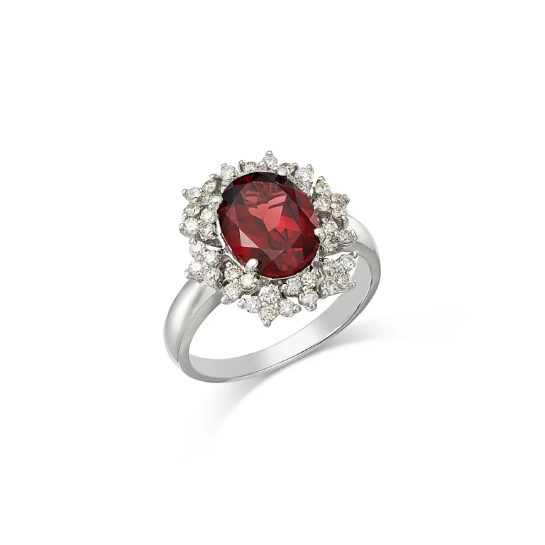 Garnet & Diamond Flower Halo Ring in 14K White Gold