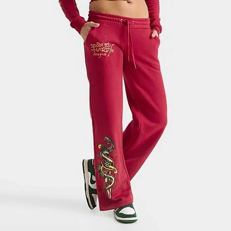 Ed Hardy Women's Eagle Fleece Jogger Pants in Deep Red Size: Small