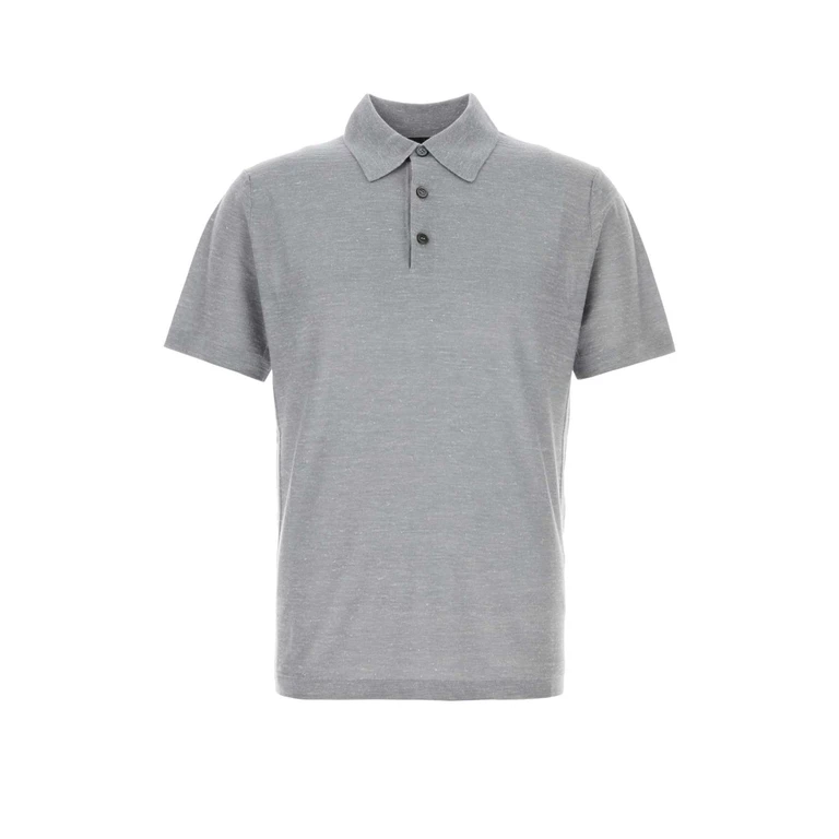 Brioni Melange Grey Cashmere Blend Polo Shirt Greyblue Exterior: Silk Linen - Men