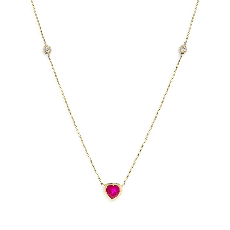 Ruby & Diamond Heart Bezel Pendant Necklace in 14K Yellow Gold, 16.5