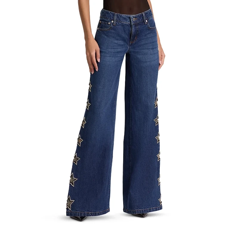 Alice and Olivia Amazing Low Rise Embellished Wide Leg Jeans in Dark Rinse
