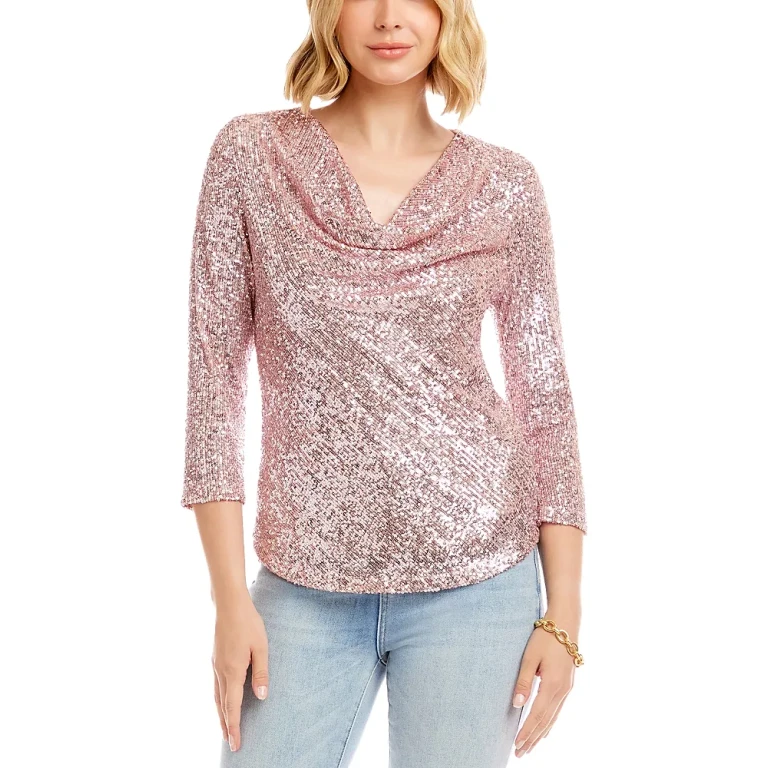 Karen Kane Three Quarter Sleeve Drape Front Sequin Top