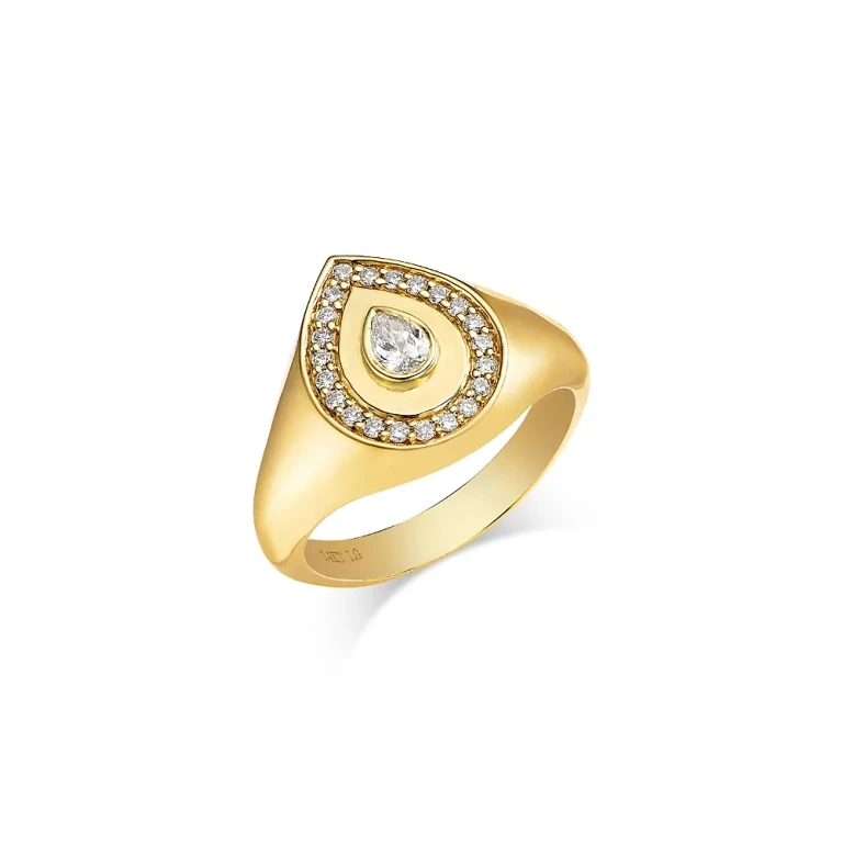 Moon & Meadow Pear Halo Lab Grown Diamond Signet Ring in 14K Yellow Gold, 0.4 tcw