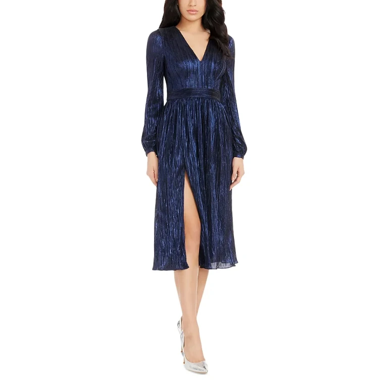 Dress the Population Holly Long Sleeve Metallic Plisse Dress