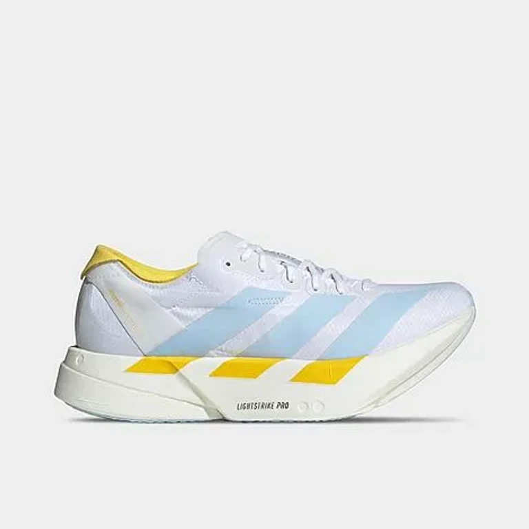 adidas Women's Adizero Adios Pro 4 Running Shoes in Cloud White/Glow Blue/Yellow Size: 5.0