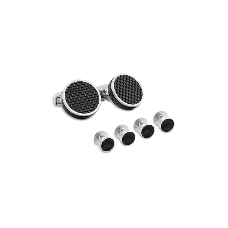 Tateossian Rhodium Plated Round Stud & Cufflink Set