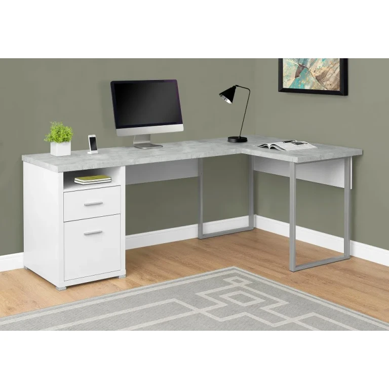 White and Concrete Gray L-Shaped Computer Desk