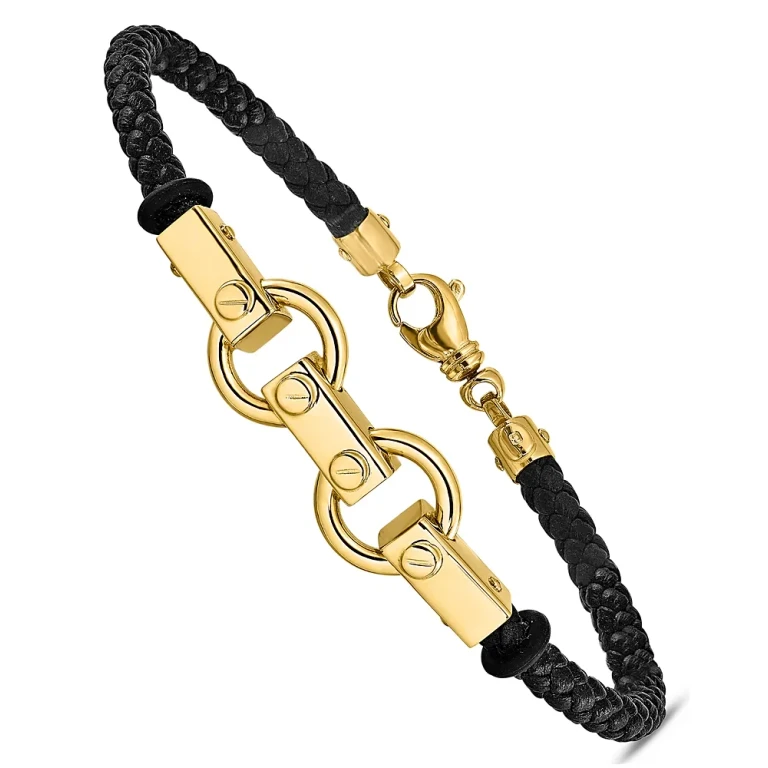 Men's Fancy Link Leather Bracelet in 14K Yellow Gold