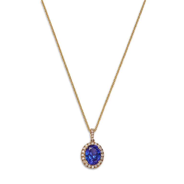 Tanzanite & Diamond Oval Halo Pendant Necklace in 14K Yellow Gold, 18