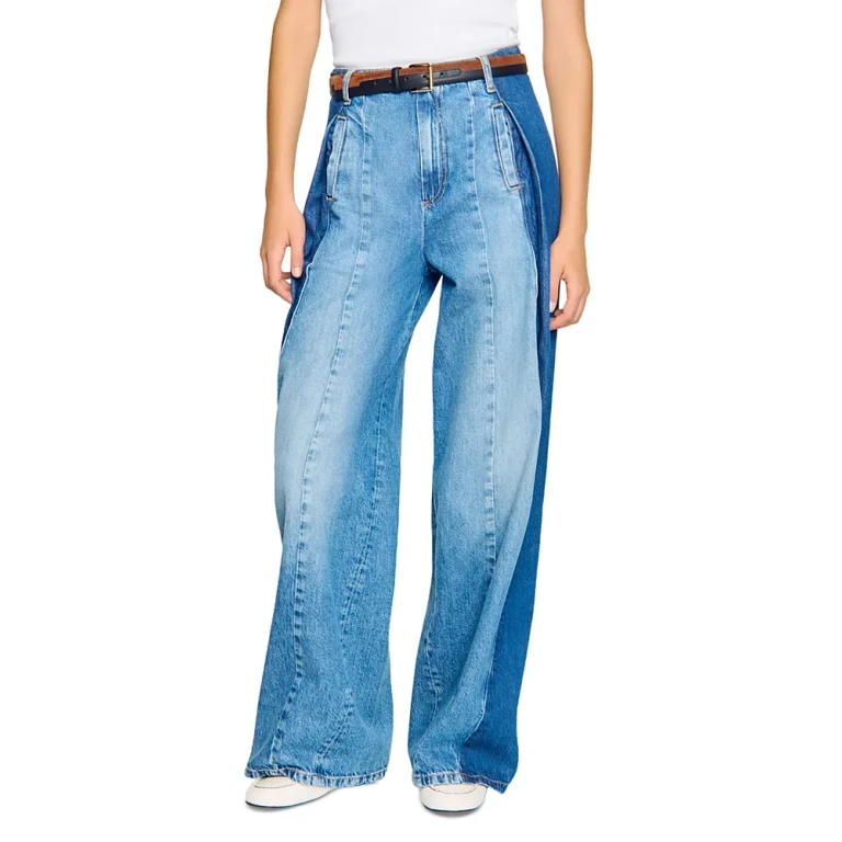 Sandro High Rise Contrast Panel Jeans in Blue Jean