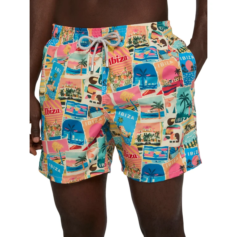 Mc2 Saint Barth Mid-Length Gustavia Swim-Shorts With Ibiza Postcard Print Ai Co-Created Design By Rickdick - Powered Red-Eye White Swimshort - Men
