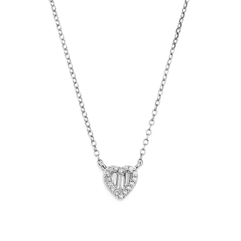 Diamond Round and Baguette Heart Pendant Necklace in 14K White Gold, .10 tcw