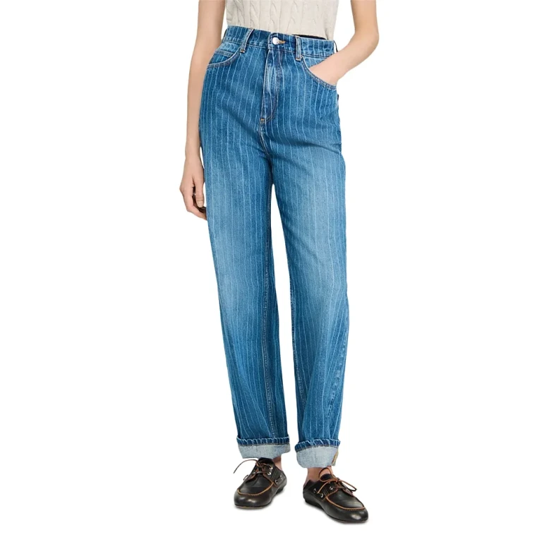 Sandro Wide Leg Striped Jeans in Blue Jean