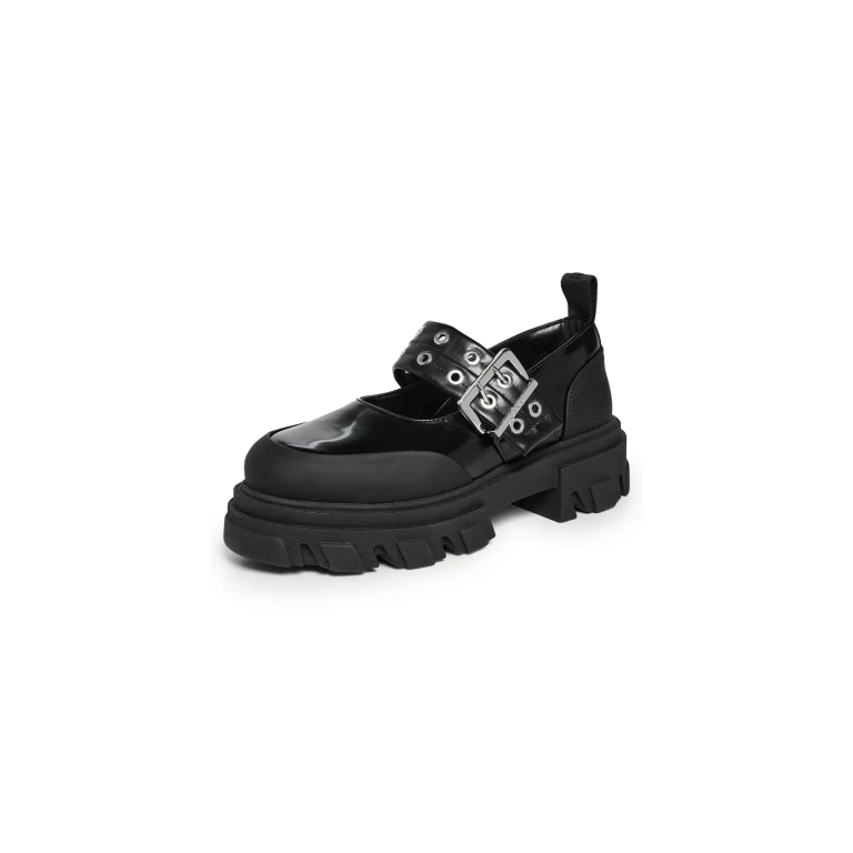 GANNI Ballerines Mary Janes Cleated Box Oleatex Noir 38