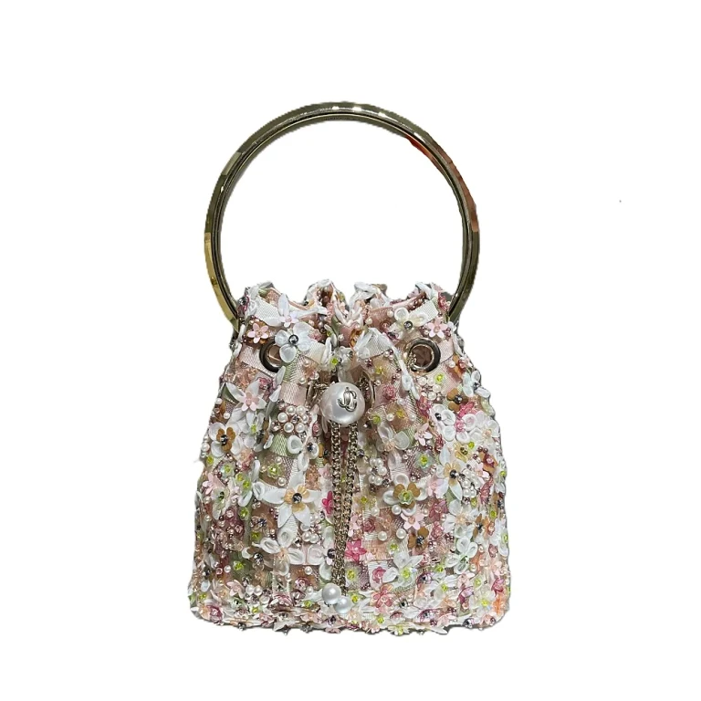 Jimmy Choo Bon Bon Floral Embroidered Mesh Top Handle Bucket Bag