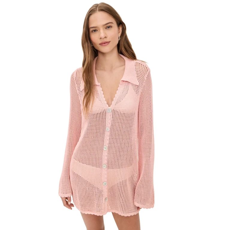 Show Me Your Mumu Crochet Button Up Coverup Peachy Pink Crochet L
