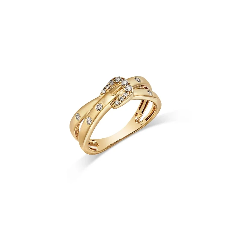 Champagne Diamond Buckle Crossover Ring in 14K Yellow Gold, 0.17 tcw