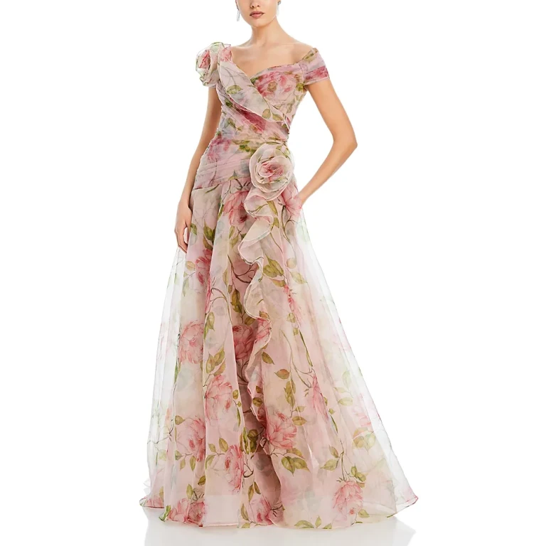 Teri Jon by Rickie Freeman Organza Ruffled Rosette Gown