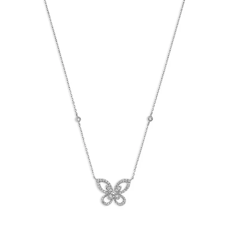 Diamond Butterfly Pendant Necklace in 14K White Gold, 0.30 tcw