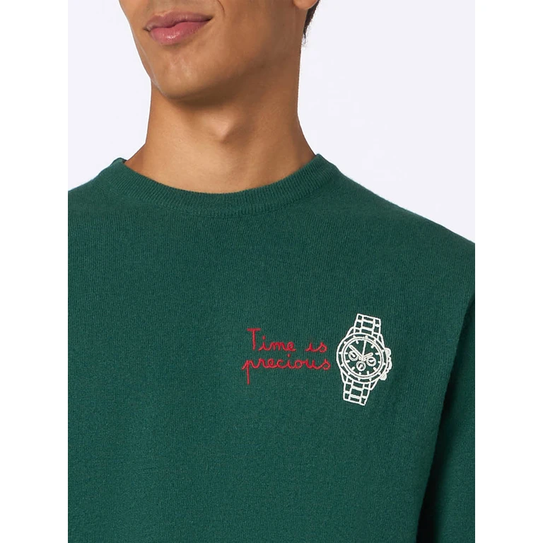 Mc2 Saint Barth Crewneck Sweater Heron With Time Is Precious Embroidery Green - Men