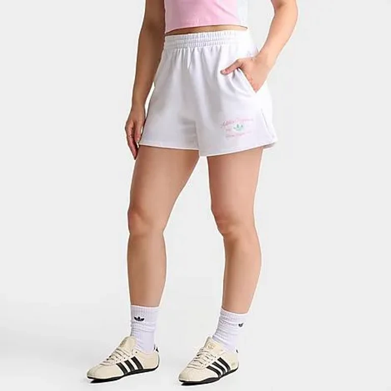 adidas Women's Originals Classic Sport Script Logo Fleece Shorts in White/True Pink/Clear Mint Size: XS
