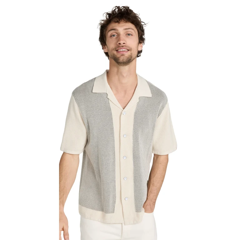 rag & bone Harvey Knit Camp Shirt Ivory/Black XXL