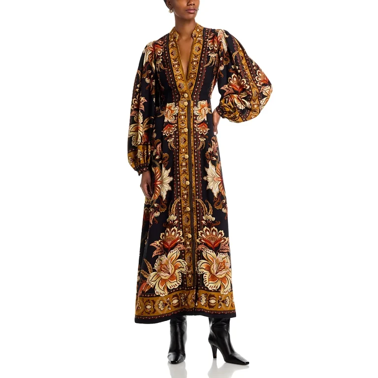 Farm Rio Majestic Garden Buttoned Puff Sleeve Maxi Dress