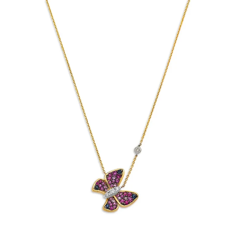 Blue Sapphire, Pink Sapphire & Diamond Butterfly Pendant Necklace in 14K Yellow Gold