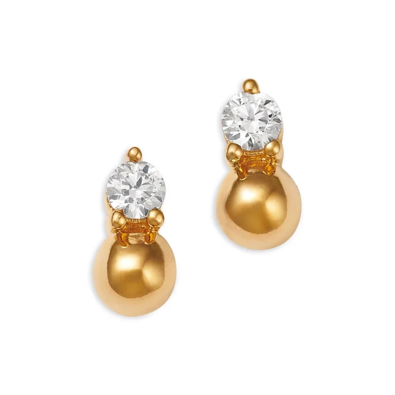 Diamond & Polished Bead Stud Earrings in 14K Yellow Gold, 0.2 tcw