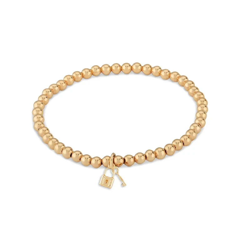 14K Gold Beaded Love Lock Bracelet, 4mm