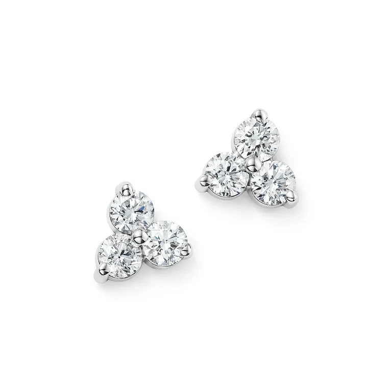 Diamond Three Stone Stud Earrings in 14K White Gold, 0.60 tcw