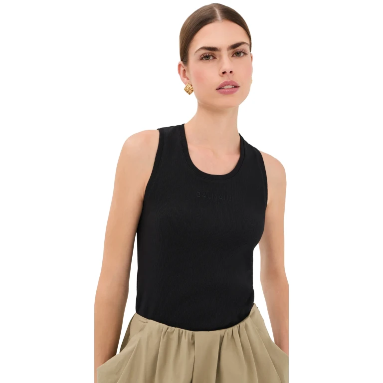 Balmain Paris Embroidered Jersey Tank Top Noir L