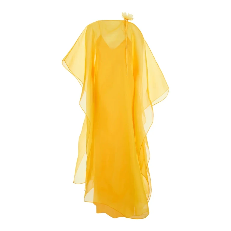 Taller Marmo sza Yellow Caftan With Semi-transparent Design And Flower Detail In Silk Woman