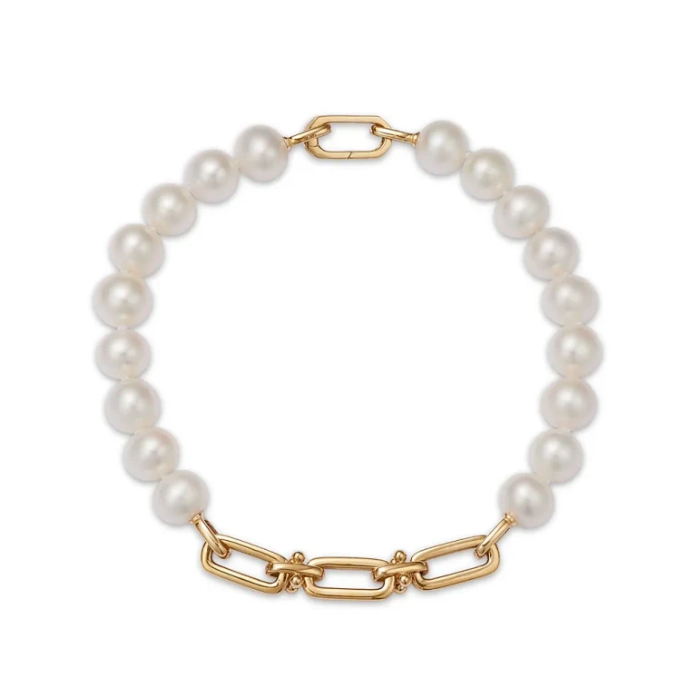 Cultured Freshwater Pearl & Chain Link Bracelet in 14K Yellow Gold