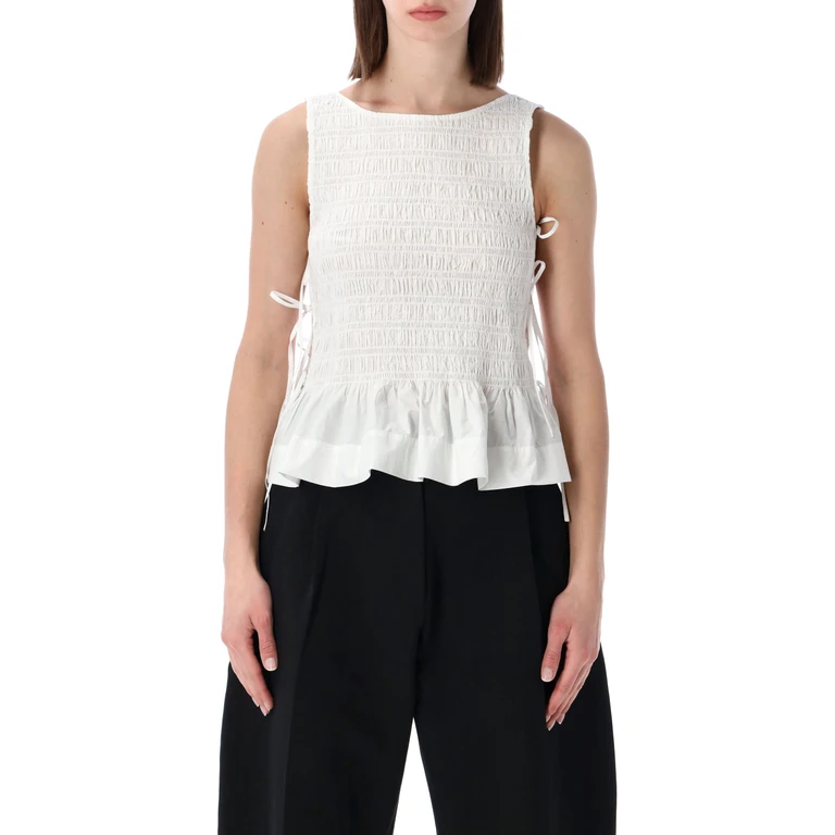 Ganni White Smock Tie Cotton Top